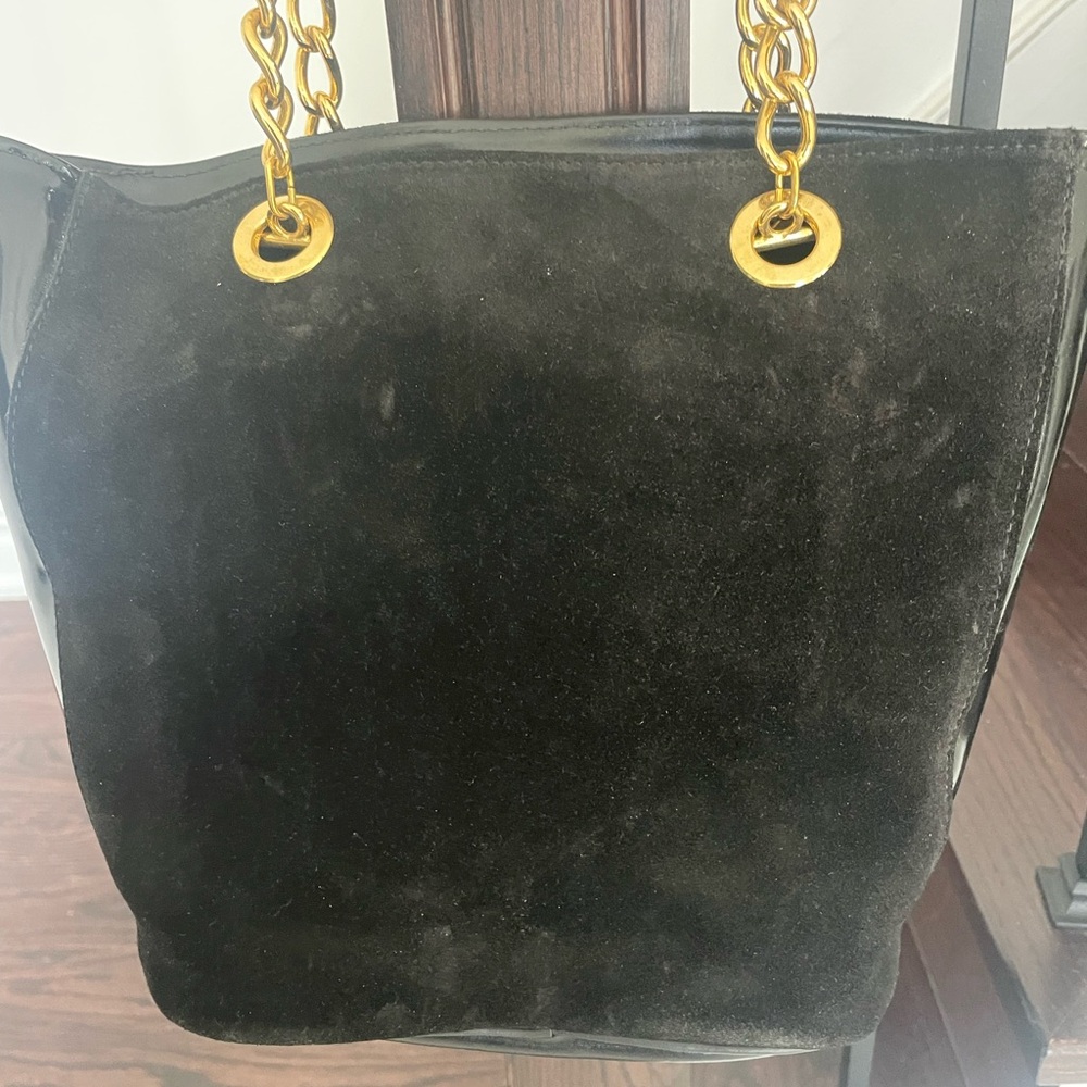 STUNNING BLACK SUEDE LEATHER TOTE BAG WITH LONG HANDLES 9 x 13”